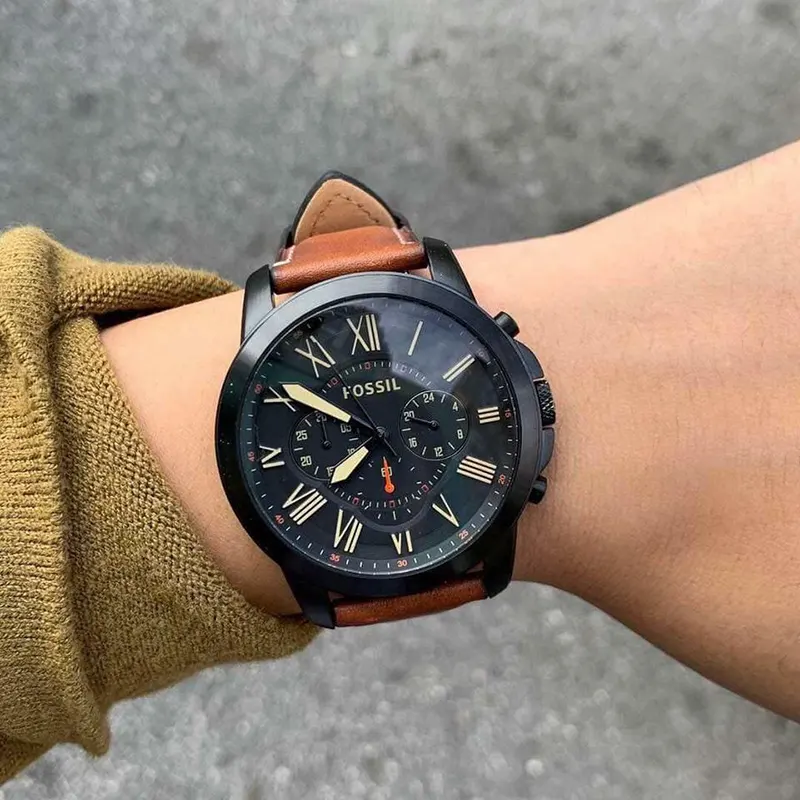 Fossil Grant Chronograph Black Dial Leather Men's Watch- FS5241